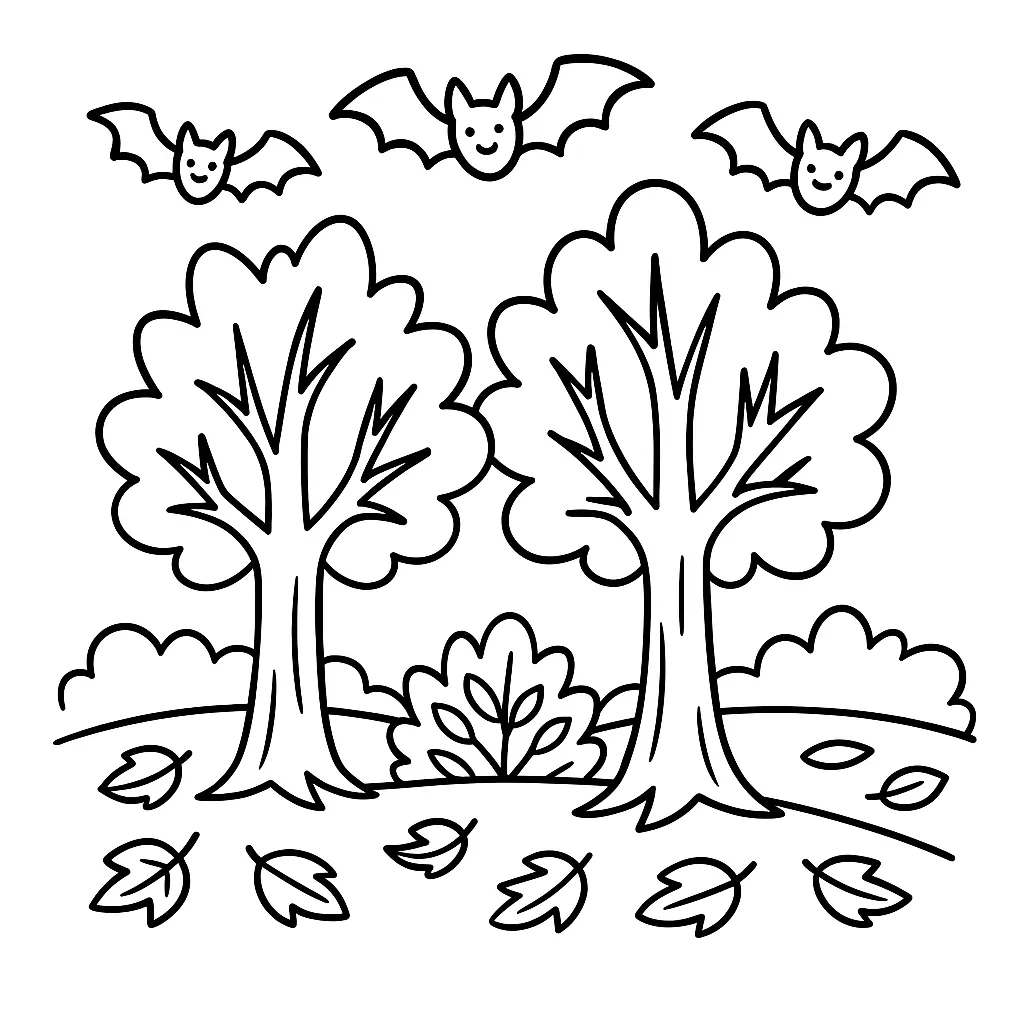 Autumn Forest with Bats Coloring Page