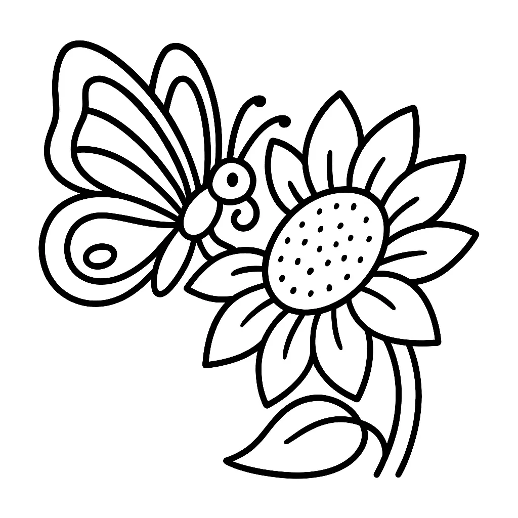 Butterfly with Wings on a Sunflower Coloring Page