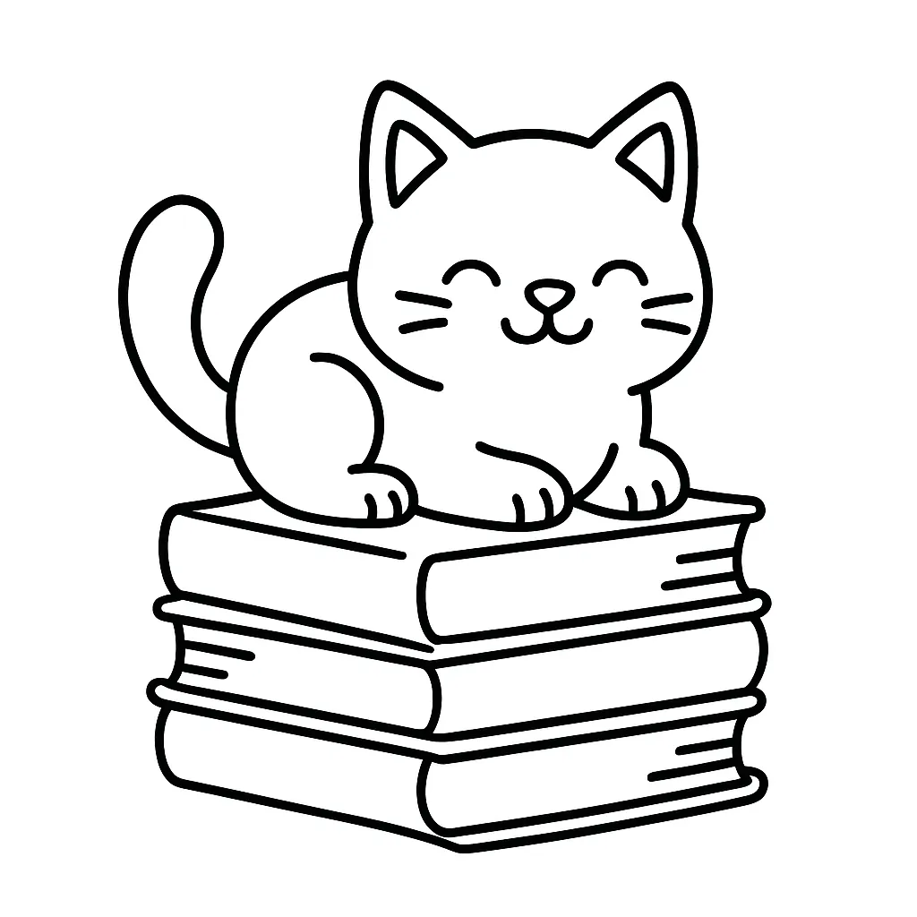 Cat Sitting on Books Coloring Page