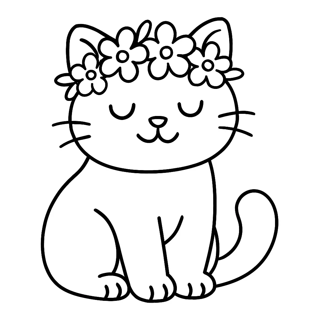 Cat with Flower Garland Coloring Page