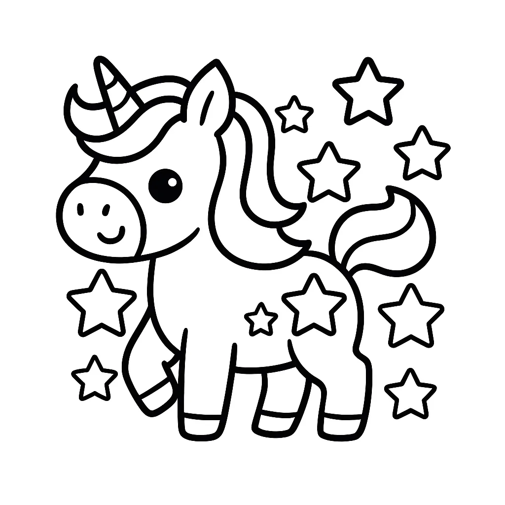 Cute Unicorn with Stars Coloring Page