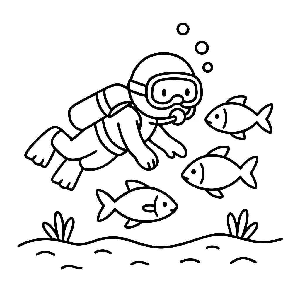 Diver Swimming Near Fish Coloring Page
