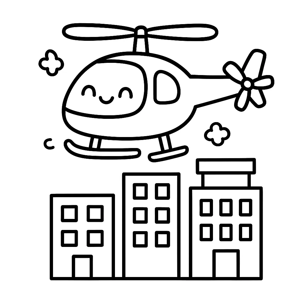 Helicopter Above Buildings Coloring Page