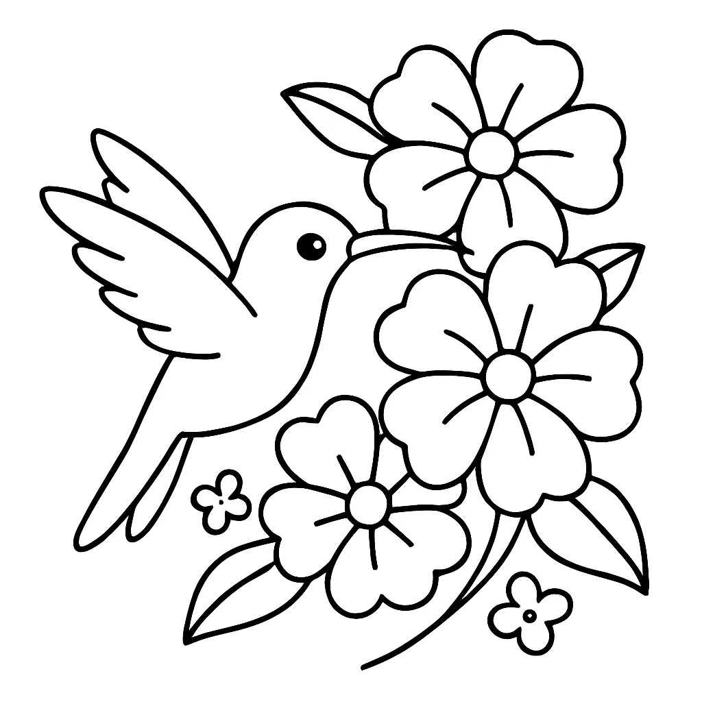 Hummingbird and Flowers Coloring Page