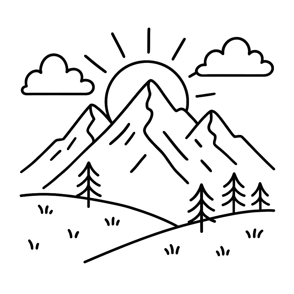Mountain Landscape with Sun Behind Coloring Page