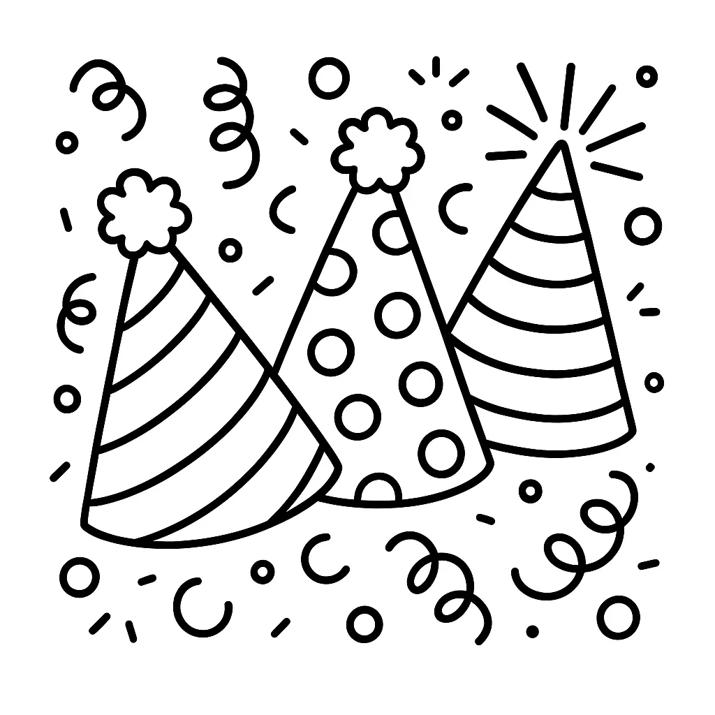 Party Hats and Confetti Coloring Page
