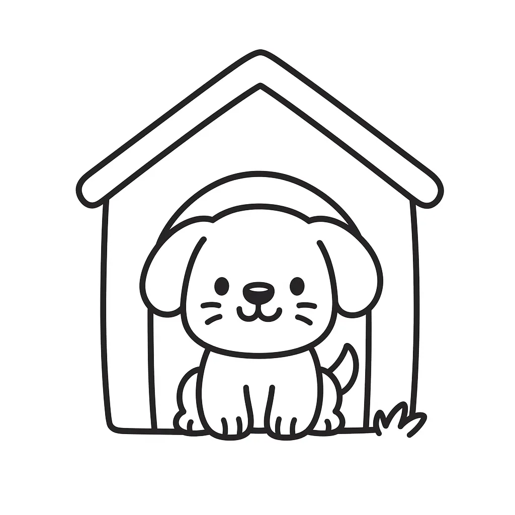 Simple Puppy in Doghouse Coloring Page