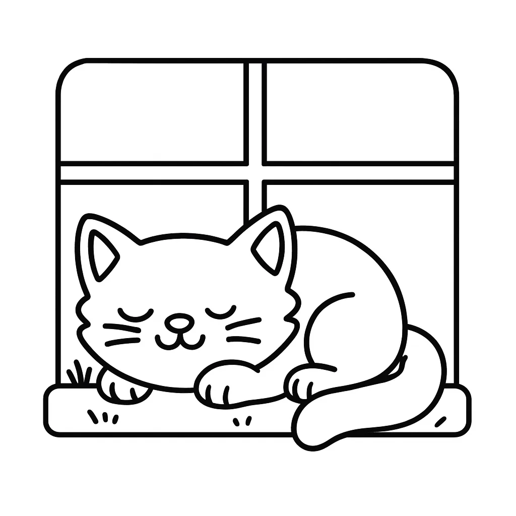 Sleeping Cat on Window Coloring Page