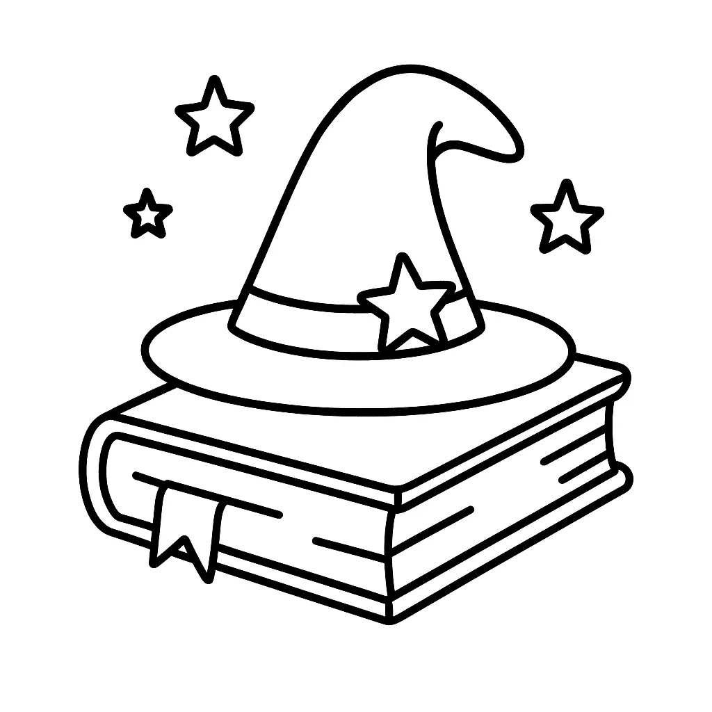 Wizard Hat and Book Coloring Page